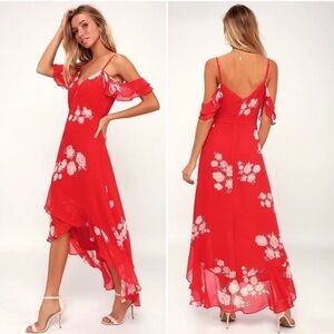Lulu's Love In Bloom Dress XS Red Floral Maxi Midi Wedding Valentines Day Rose